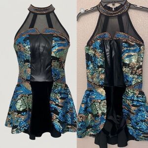 Glamour solo dance costume blue aqua sequin jazz tap leotard dress XLC child